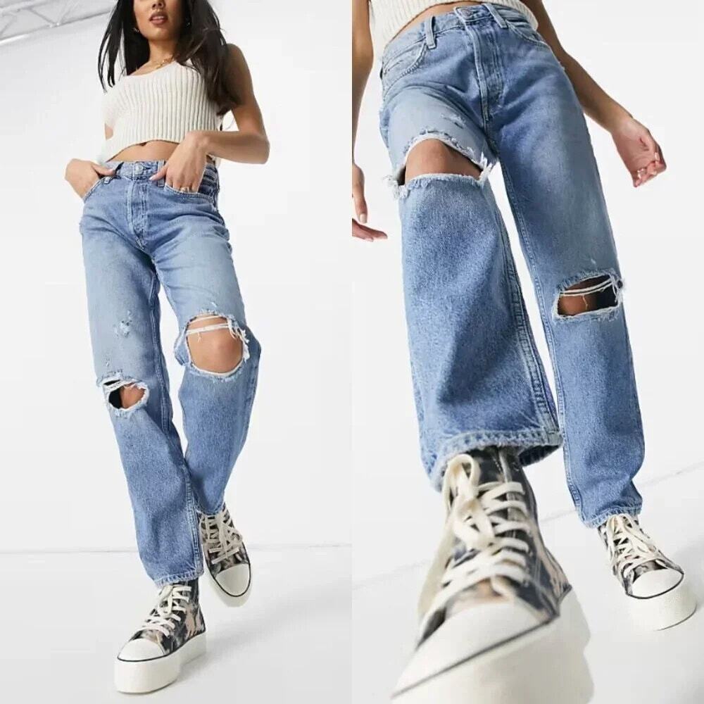 We The Free Free People Fast Times Distressed Mom Jeans Light Wash Size 29
